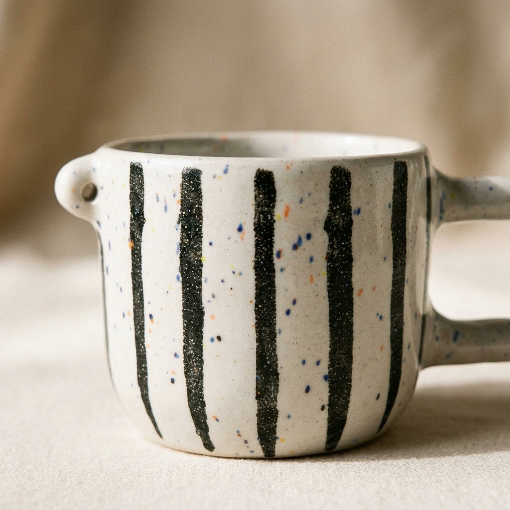 Ceramic mug with a face – white glaze, black handle and stripes