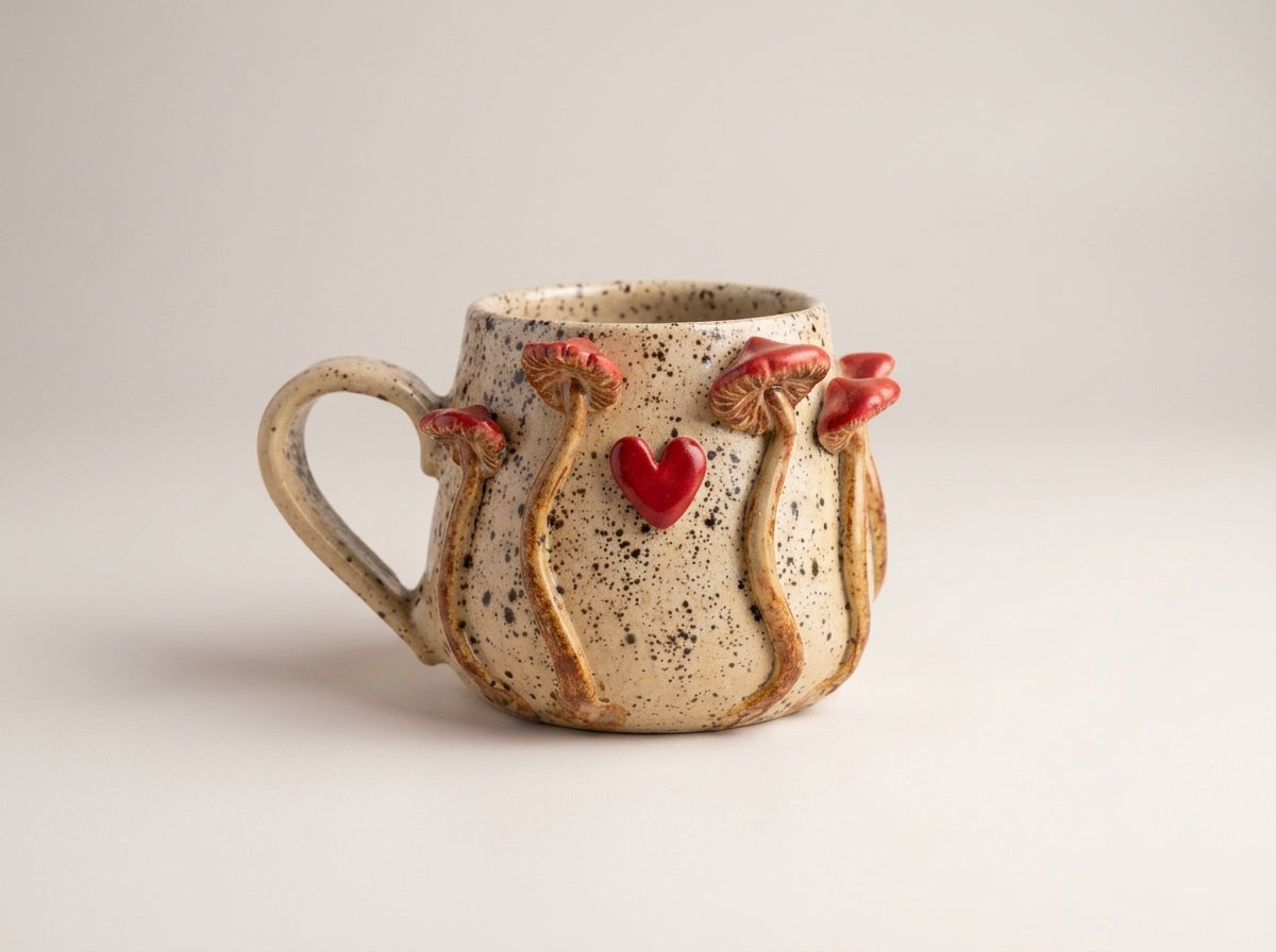 Kubek ceramiczny Grzybobranie z sercem – kremowy Ceramika