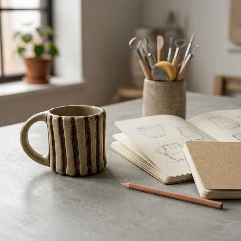 Kubek ceramiczny z pionowymi żebrami i ciemnobrązowym szkliwem