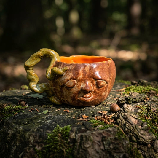 Kubek ceramiczny Dynia z twarzą – brązowe szkliwo, zielona łodyga Ceramika