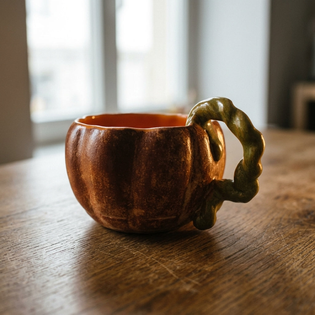 Kubek ceramiczny Dynia z twarzą – brązowe szkliwo, zielona łodyga Ceramika