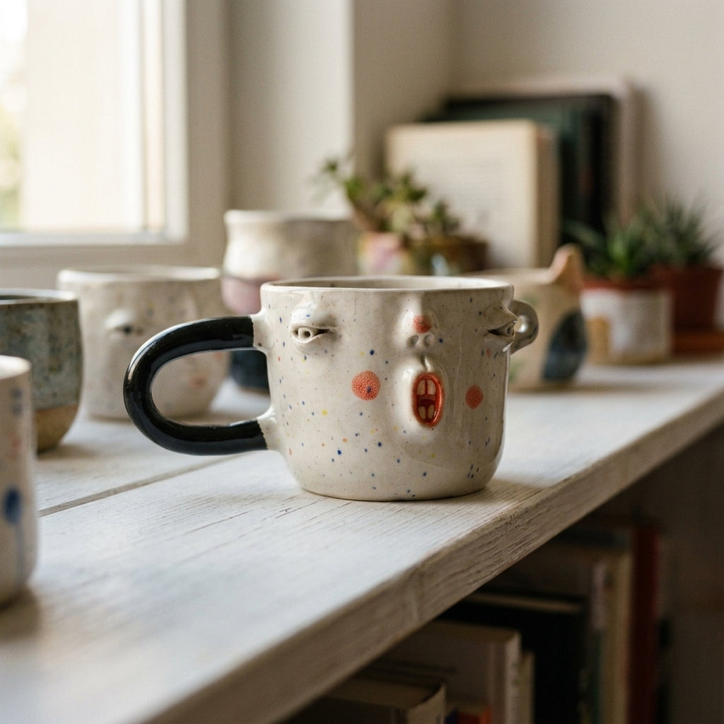 Ceramic mug with a face – cream glaze, pink cheeks