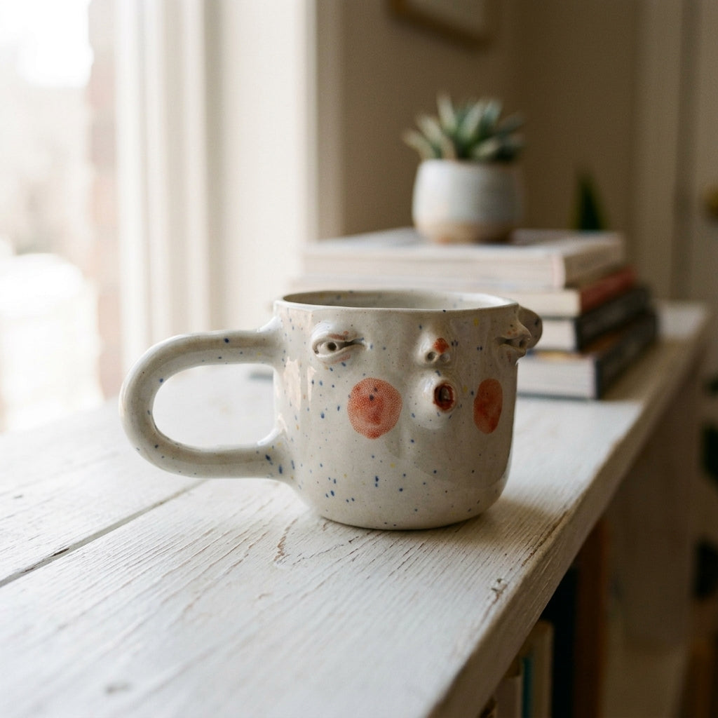 Ceramic mug with a face – white glaze, black handle and stripes