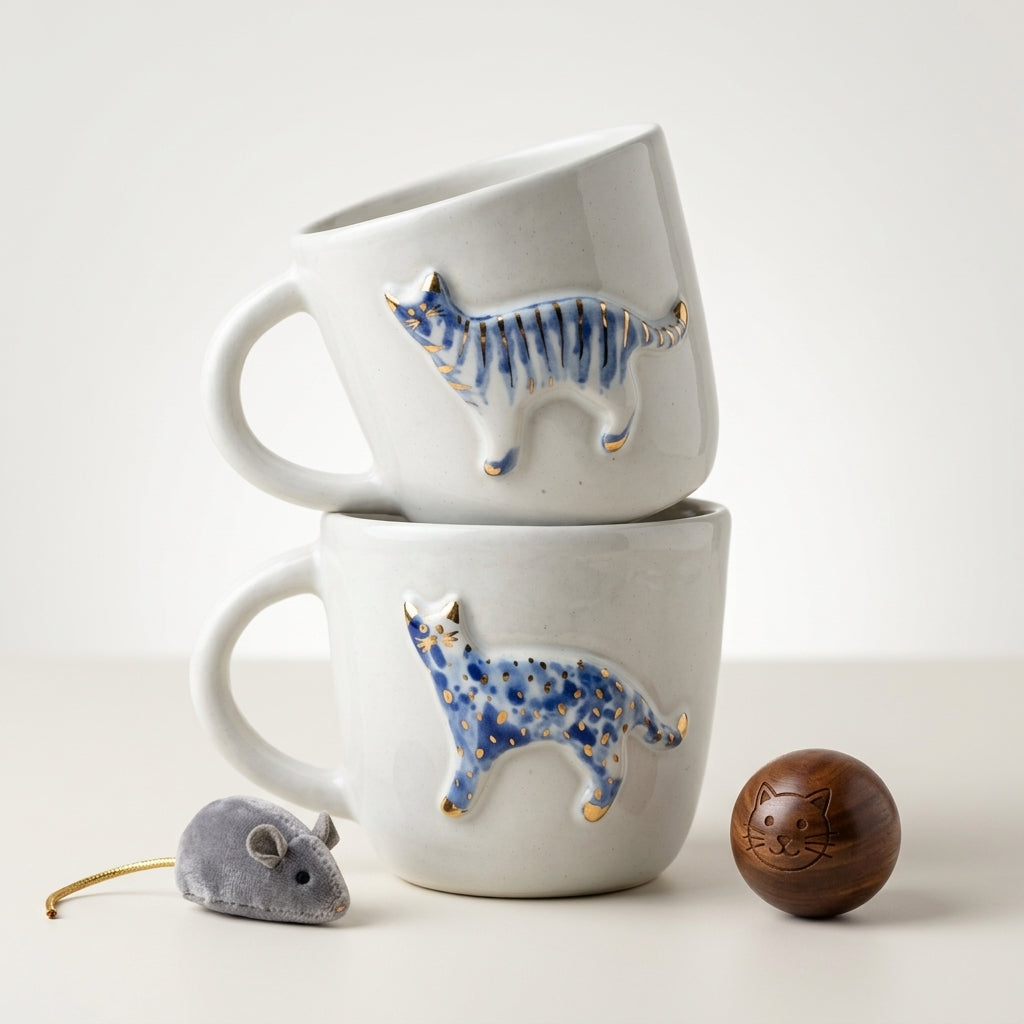 Kubek ceramiczny z kotkiem – niebiesko-złote zdobienie Ceramika