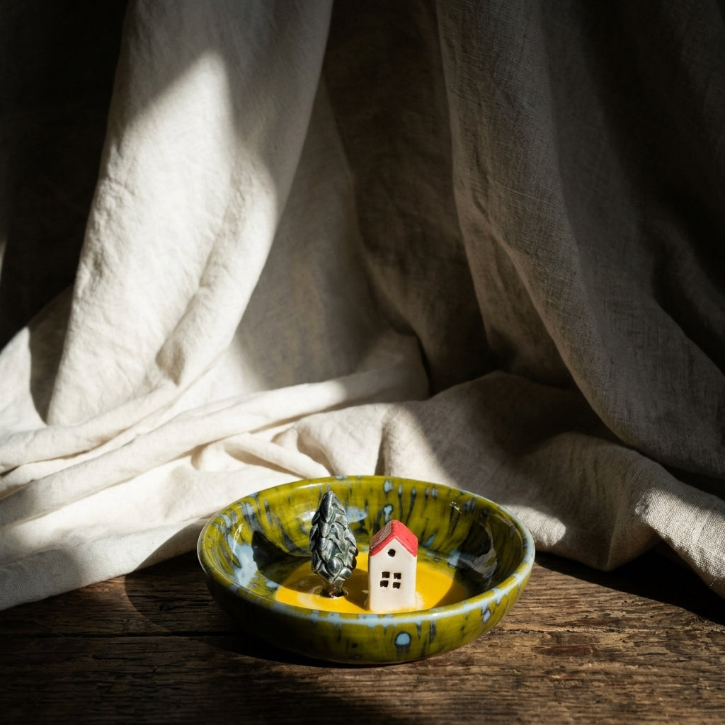 Ceramiczna miseczka na biżuterię – oliwkowo-żółta z domkiem Ceramika