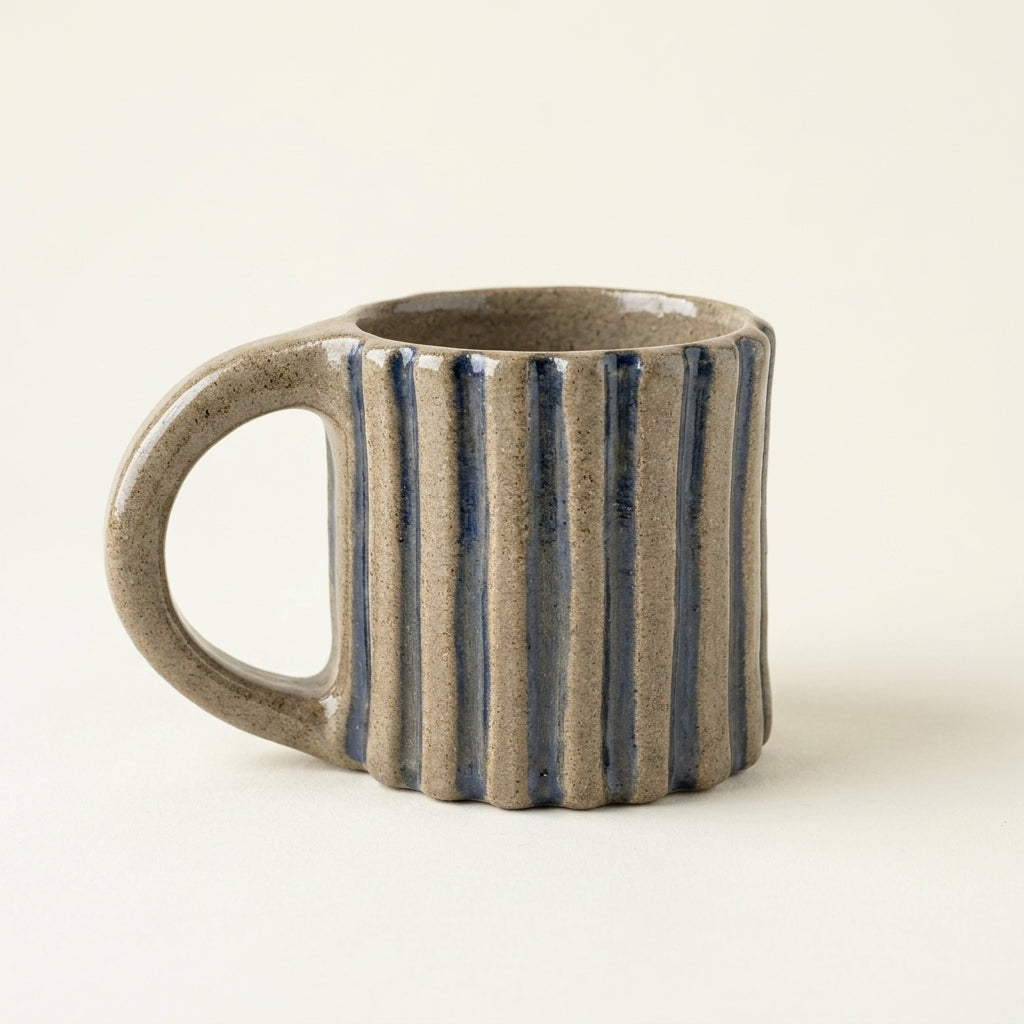 Kubek ceramiczny z pionowymi żebrami i niebieskim szkliwem Kubek ceramiczny