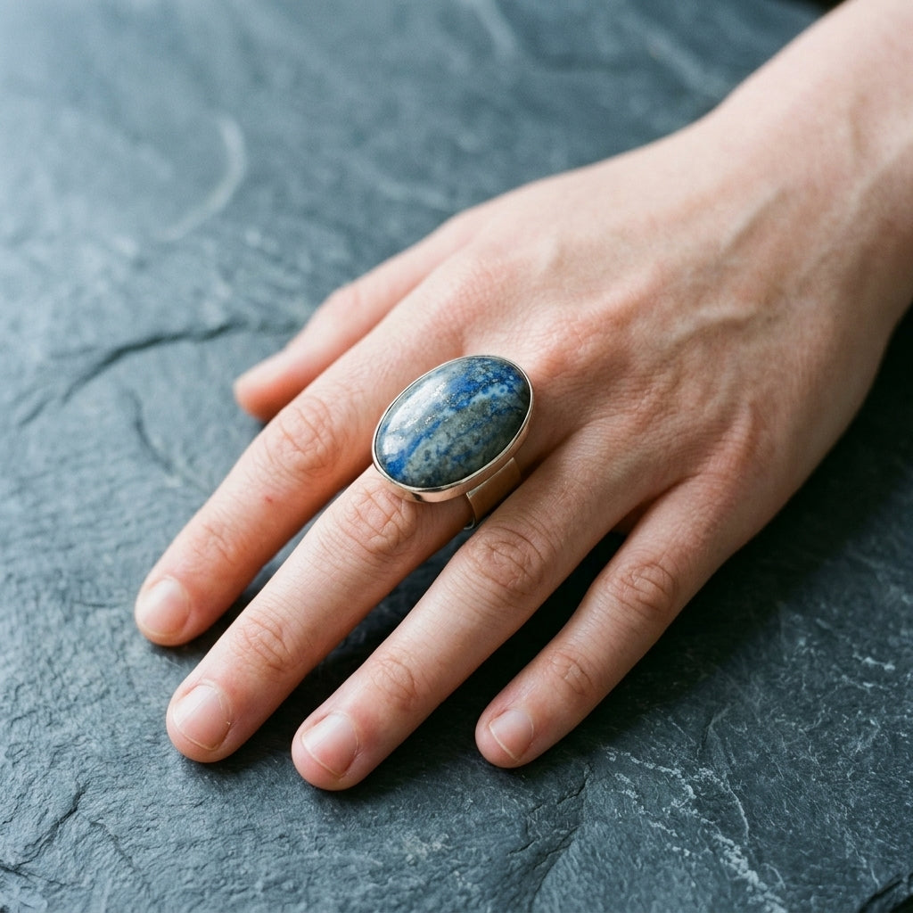 Pierścionek z lapis lazuli, kaboszon owalny, neusilber Pierścionki