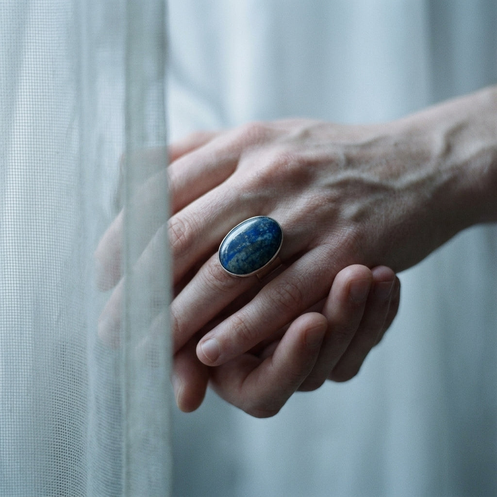 Pierścionek z lapis lazuli, kaboszon owalny, neusilber Pierścionki