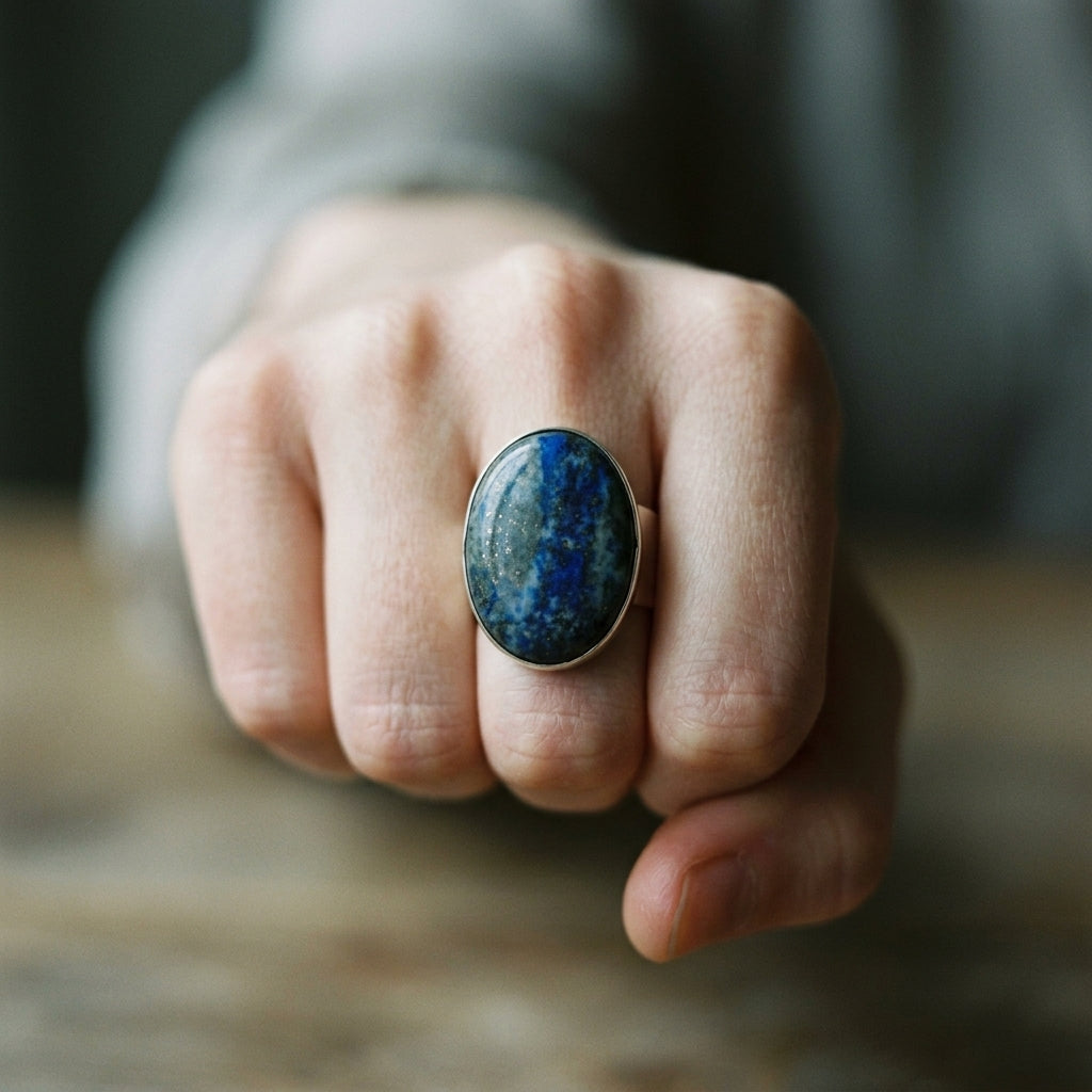 Pierścionek z lapis lazuli, kaboszon owalny, neusilber Pierścionki