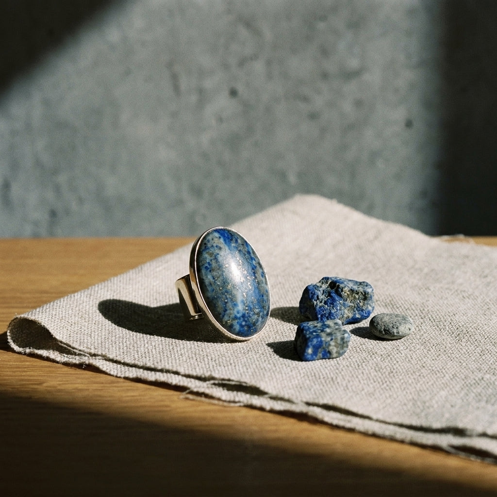 Pierścionek z lapis lazuli, kaboszon owalny, neusilber Pierścionki