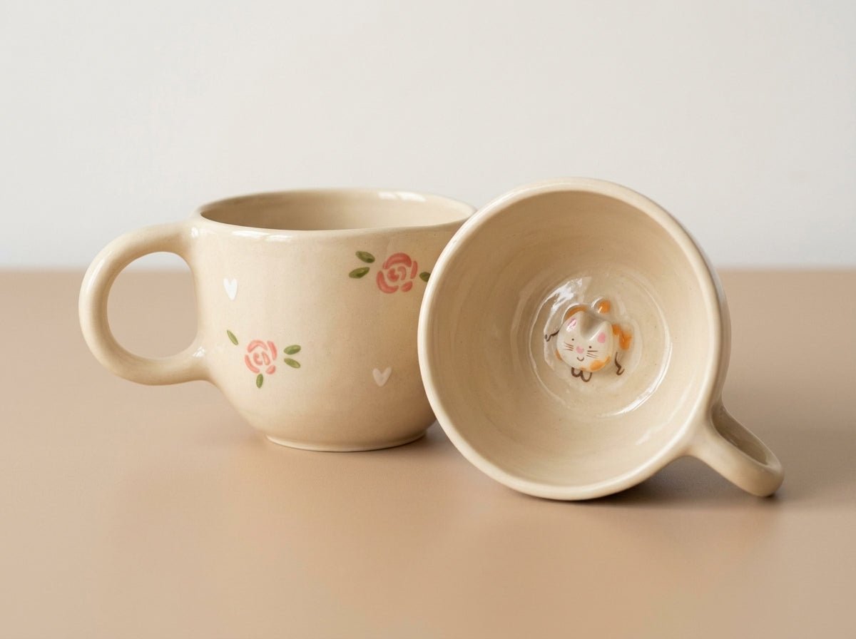 Kubek ceramiczny z kotkiem na dnie