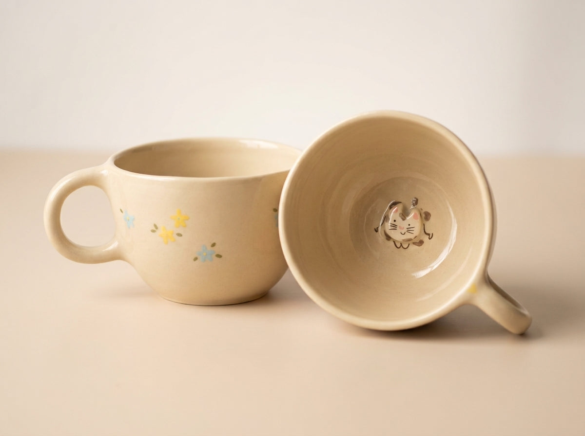 Kubek ceramiczny z kotkiem na dnie