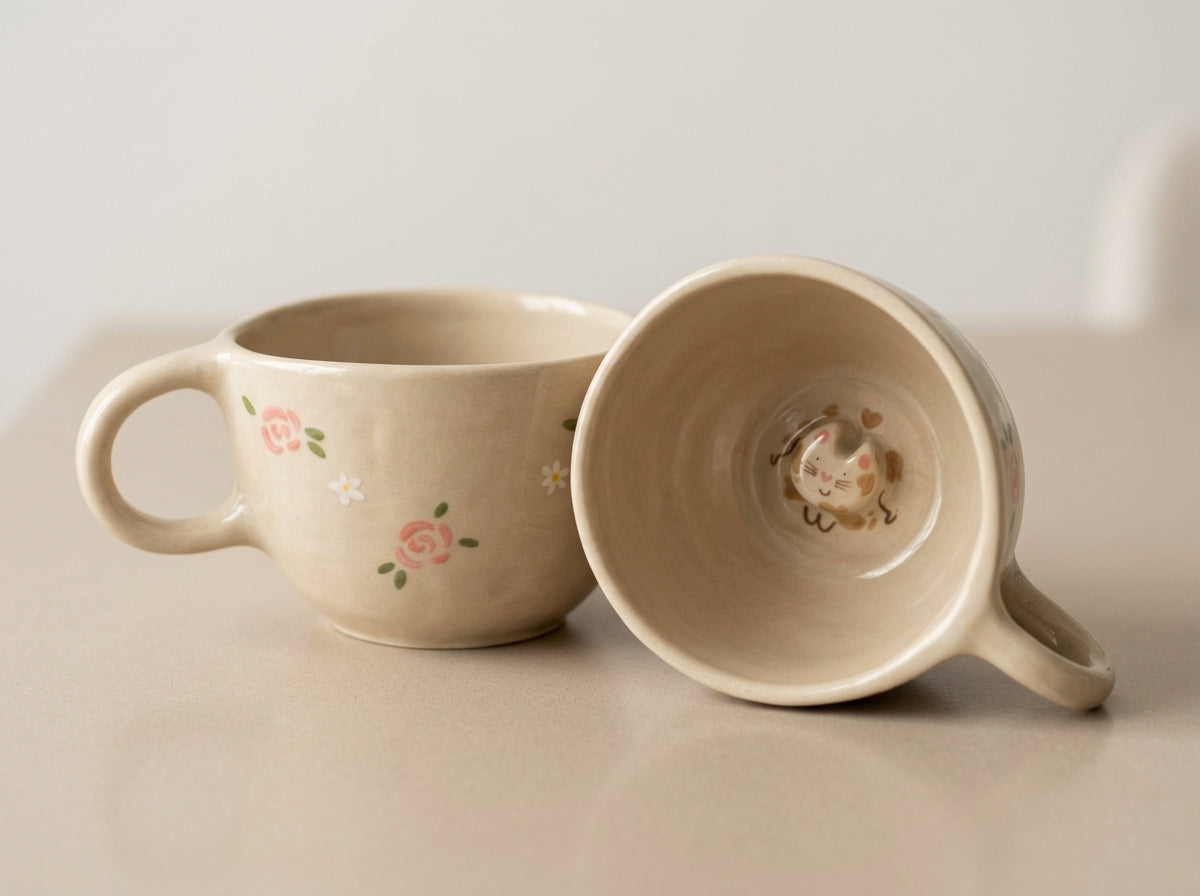 Kubek ceramiczny z kotkiem na dnie