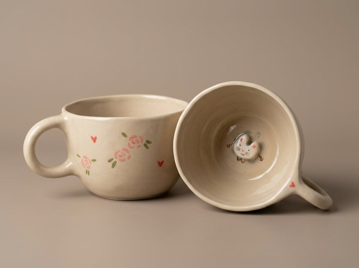 Kubek ceramiczny z kotkiem na dnie