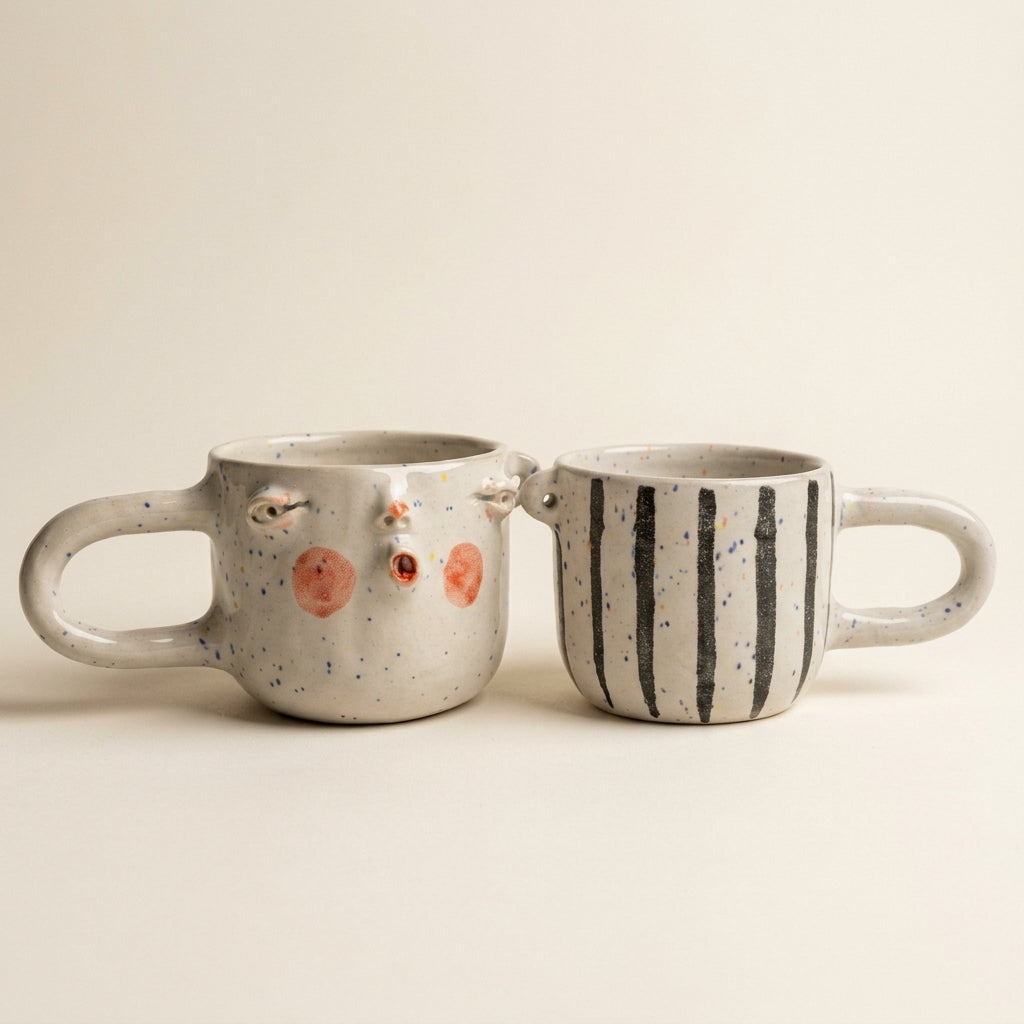 Ceramic mug with a face – white glaze, black handle and stripes