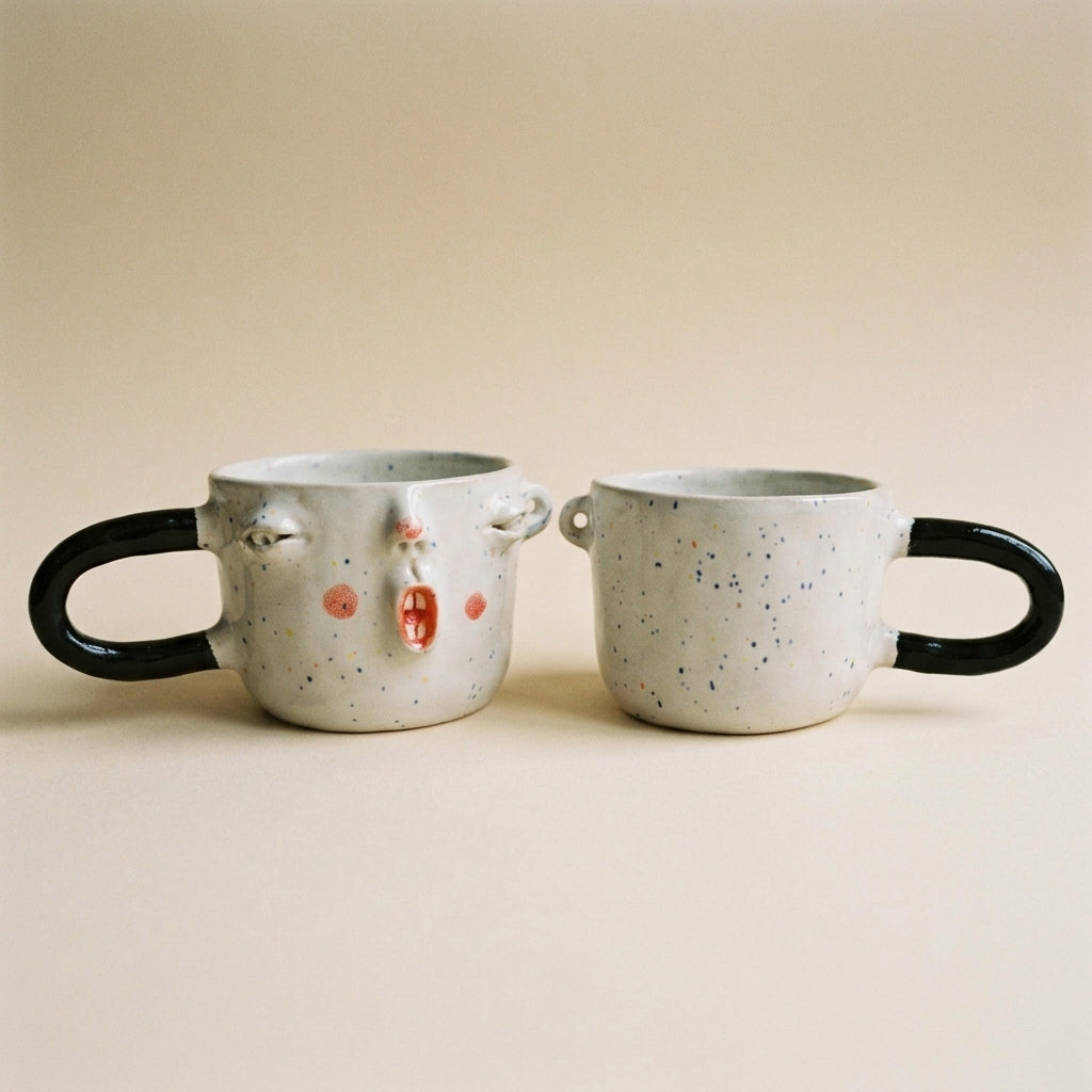 Ceramic mug with a face – cream glaze, pink cheeks