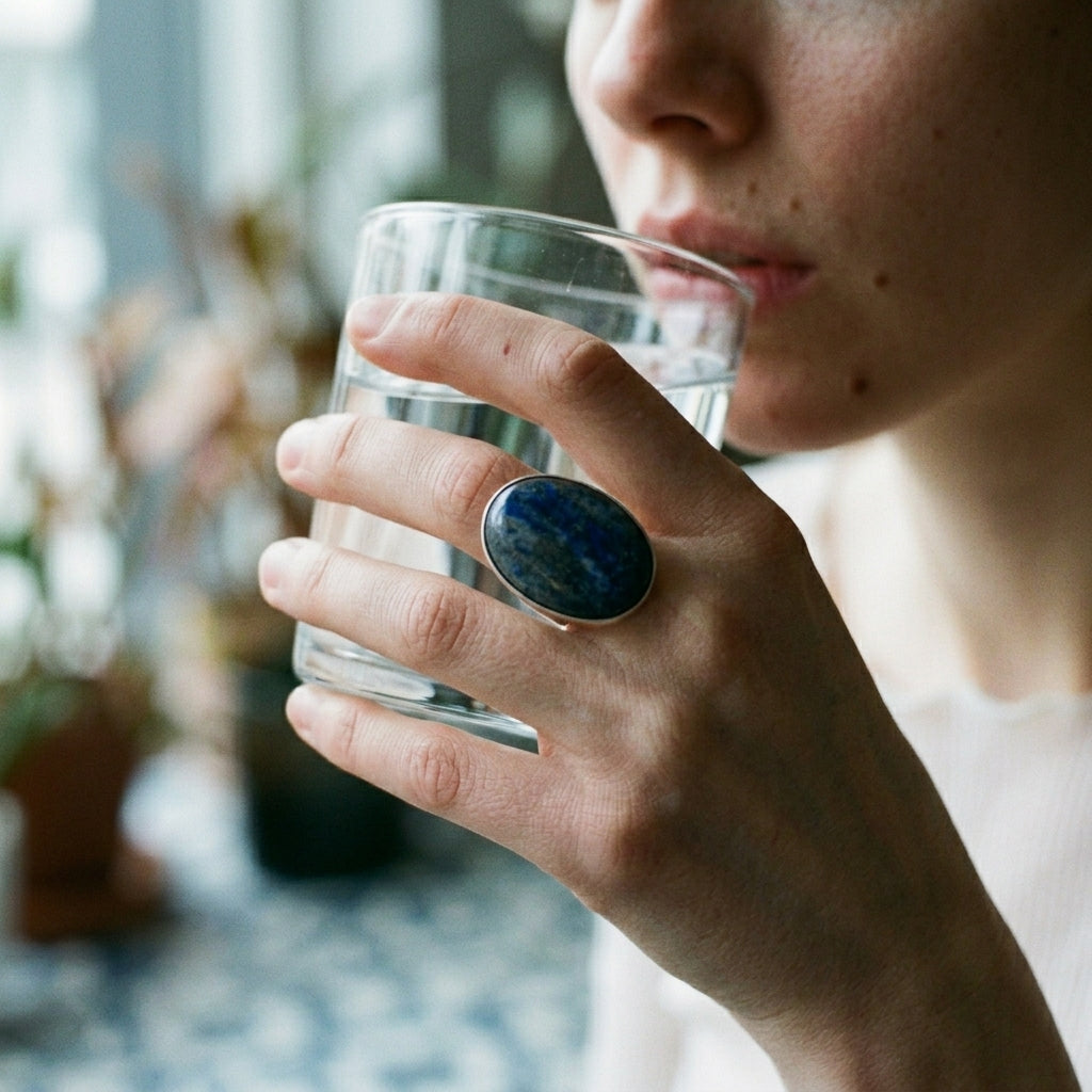 Pierścionek z lapis lazuli, kaboszon owalny, neusilber Pierścionki