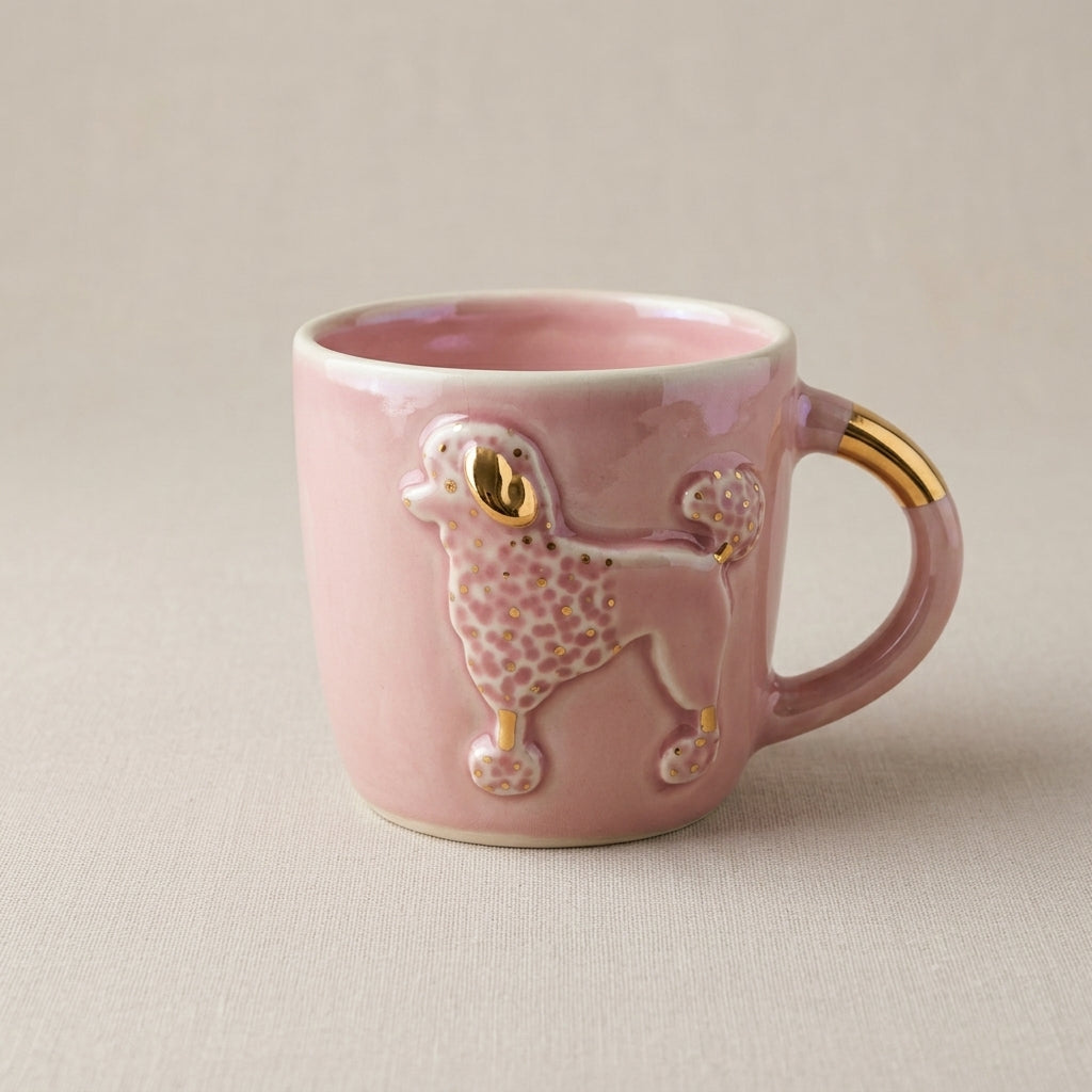 Kubek ceramiczny różowy z pudlem - ręcznie robiony
