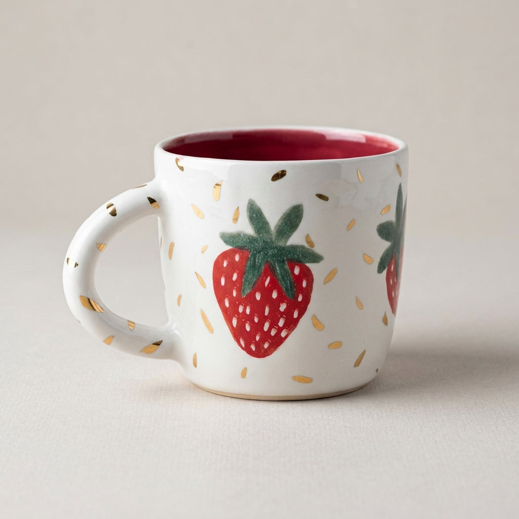 Kubek ceramiczny z truskawkami - ręcznie robiony